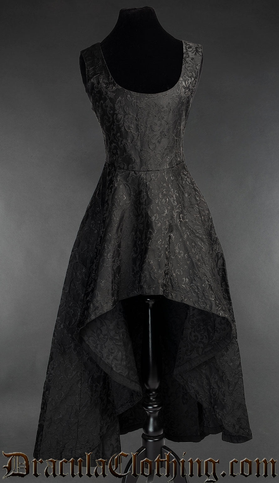 Women's gothic black brocade high low dress with rounded neckline