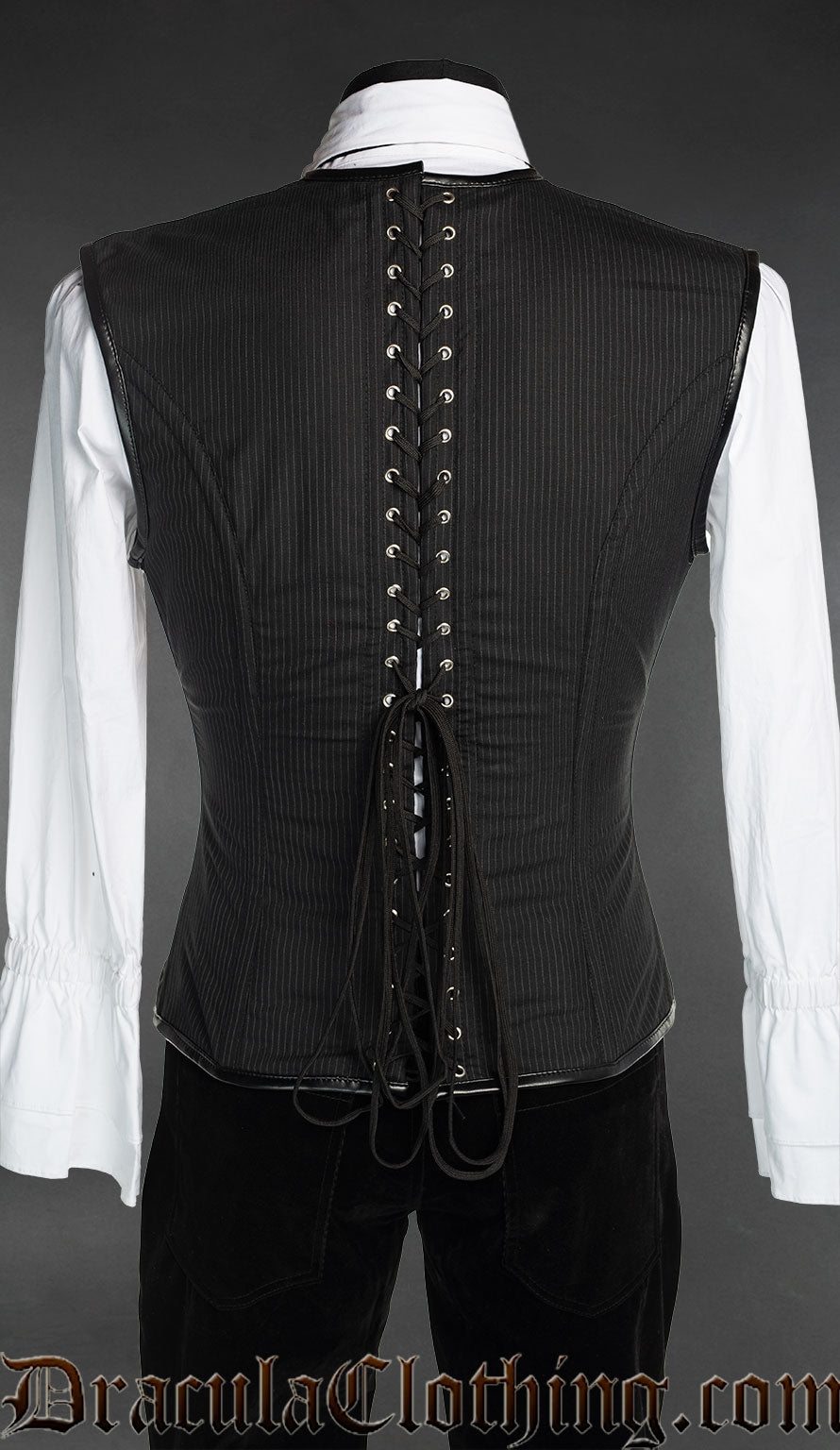 Back view of pinstriped men's corset vest showing adjustable lacing