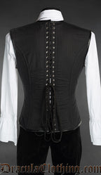 Back view of pinstriped men's corset vest showing adjustable lacing