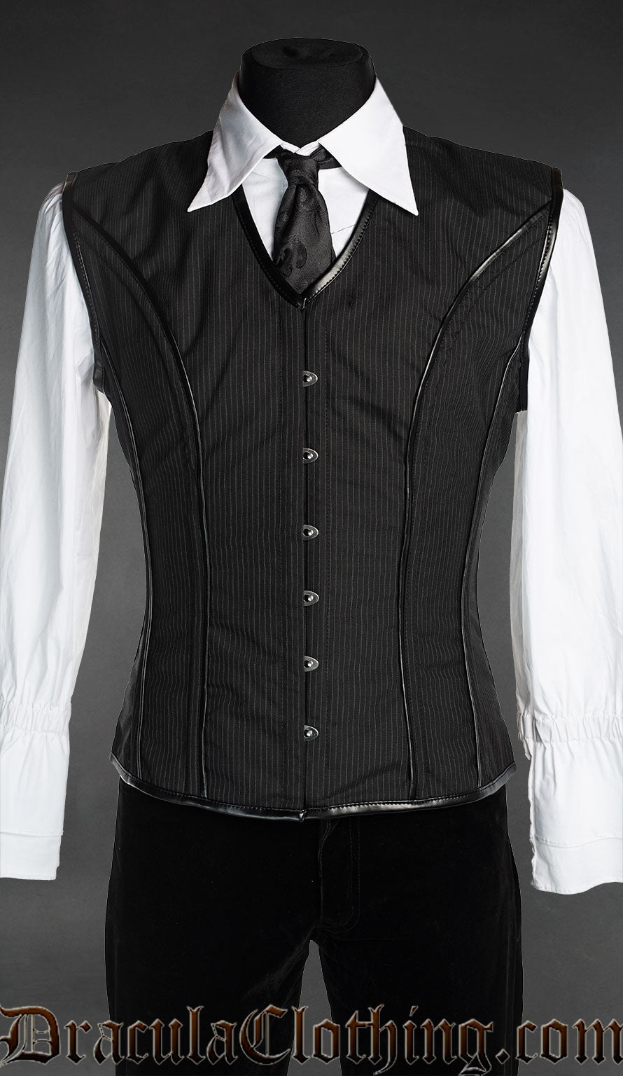 Men's black pinstripe corset vest v-shaper with black faux leather piping