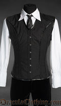 Men's black pinstripe corset vest v-shaper with black faux leather piping