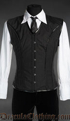 Men's black pinstripe corset vest v-shaper with black faux leather piping