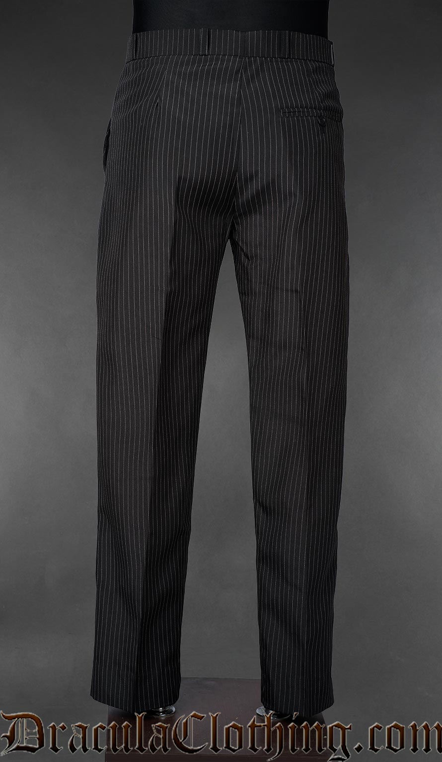 Back view of men's straight cut pinstriped pants