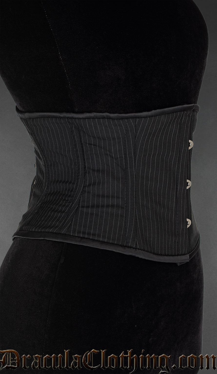 Side view of black waist cincher with pinstripe fabric