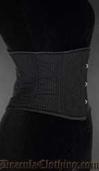 Side view of black waist cincher with pinstripe fabric