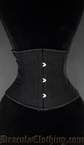Black waist cincher with pinstripe design and black satin border