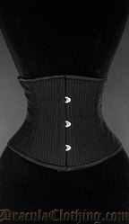Black waist cincher with pinstripe design and black satin border