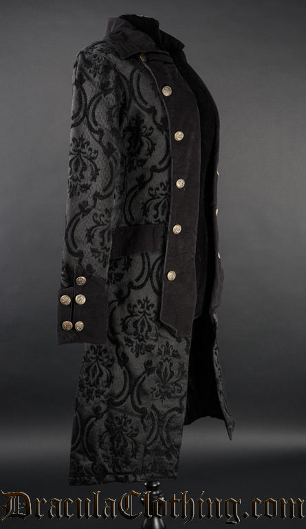 Side view of women's black pirate inspired coat showing decorative buttons on sleeve cuffs and lapels of double breasted design