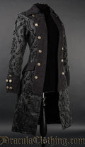 Women's pirate inspired coat made in an open double breasted design with thick cotton jacquard in a damask brocade pattern and velvet accents