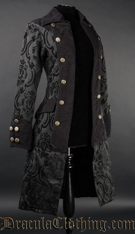 Women's pirate inspired coat made in an open double breasted design with thick cotton jacquard in a damask brocade pattern and velvet accents