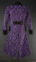 Back view of mens purple and black pirate coat showing black velvet half belt with golden coloured decorative buttons