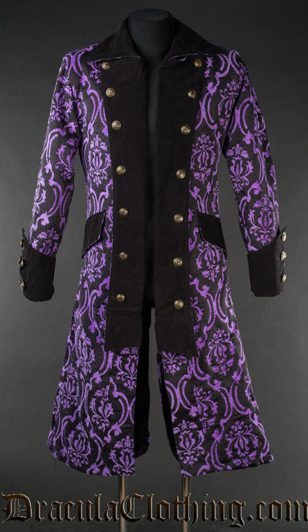 Pirate inspired men's coat made in a open double breasted design with purple and black jacquard fabric and velvet details