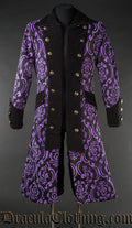Pirate inspired men's coat made in a open double breasted design with purple and black jacquard fabric and velvet details