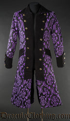 Pirate inspired men's coat made in a open double breasted design with purple and black jacquard fabric and velvet details