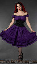 Purple women's knee length dress shown worn by model in an off shoulder style