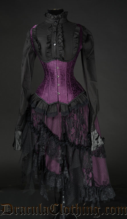 Purple and black women's skirt shown with purple corset and black blouse