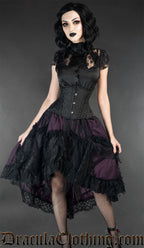 Women's ruffle skirt made with purple satin and black lace layers in a high low style