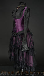 Side view of purple and black skirt with purple corset and black blouse outfit