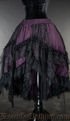 Women's purple and black satin and lace ruffle skirt with layers for a voluminous look
