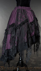 Side view of purple lace and satin skirt showing high low style shorter in the front than the back