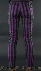 Back view of women's fitted pants in purple and black vertical stripes