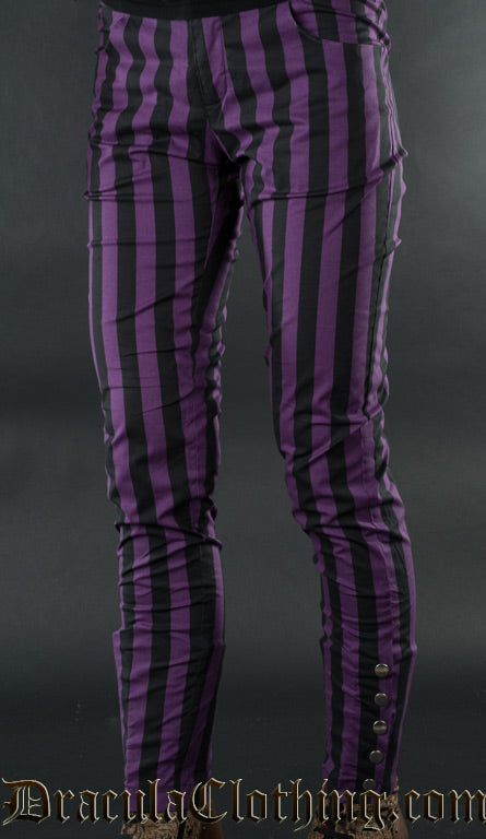 Women's fitted purple and black vertical striped pants with five buttons on each leg