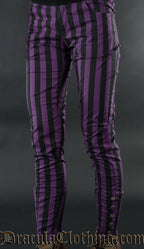 Women's fitted purple and black vertical striped pants with five buttons on each leg