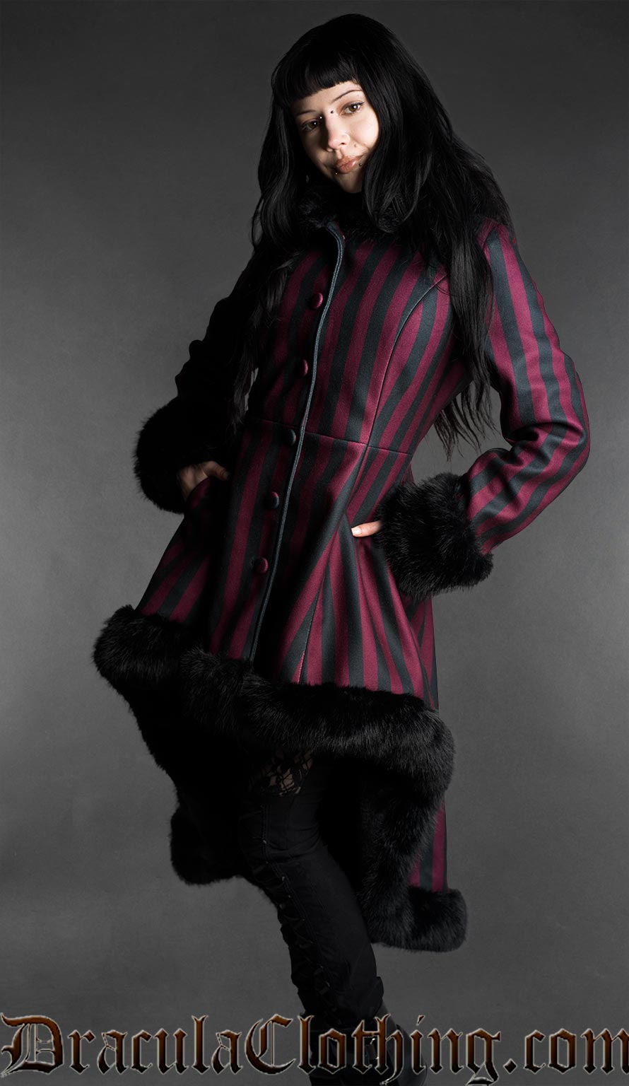 Bordeaux Striped High Low Winter Coat