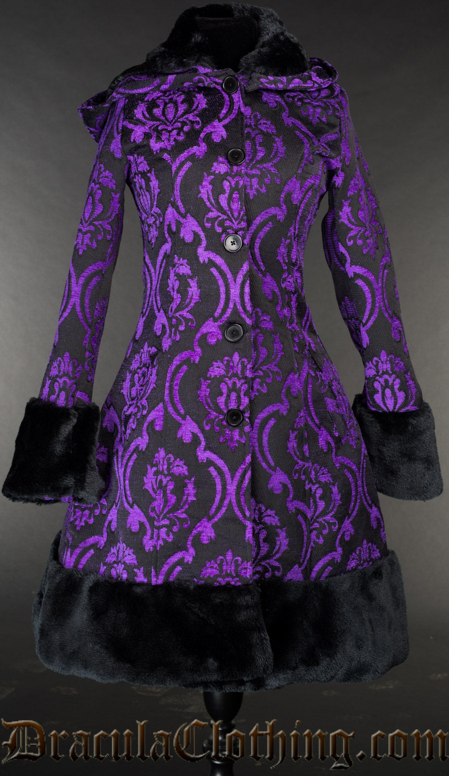 Women's black and purple winter coat made with thick cotton brocade jacquard in a damask pattern and faux fur collar, cuffs and hem