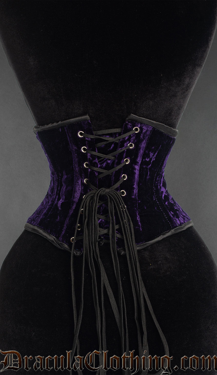Purple velvet waist cincher corset, back view with lace-up closure