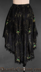 Back view of an elasticated waist women's high low skirt with sphinx cat wearing a top hat design and black lace trim