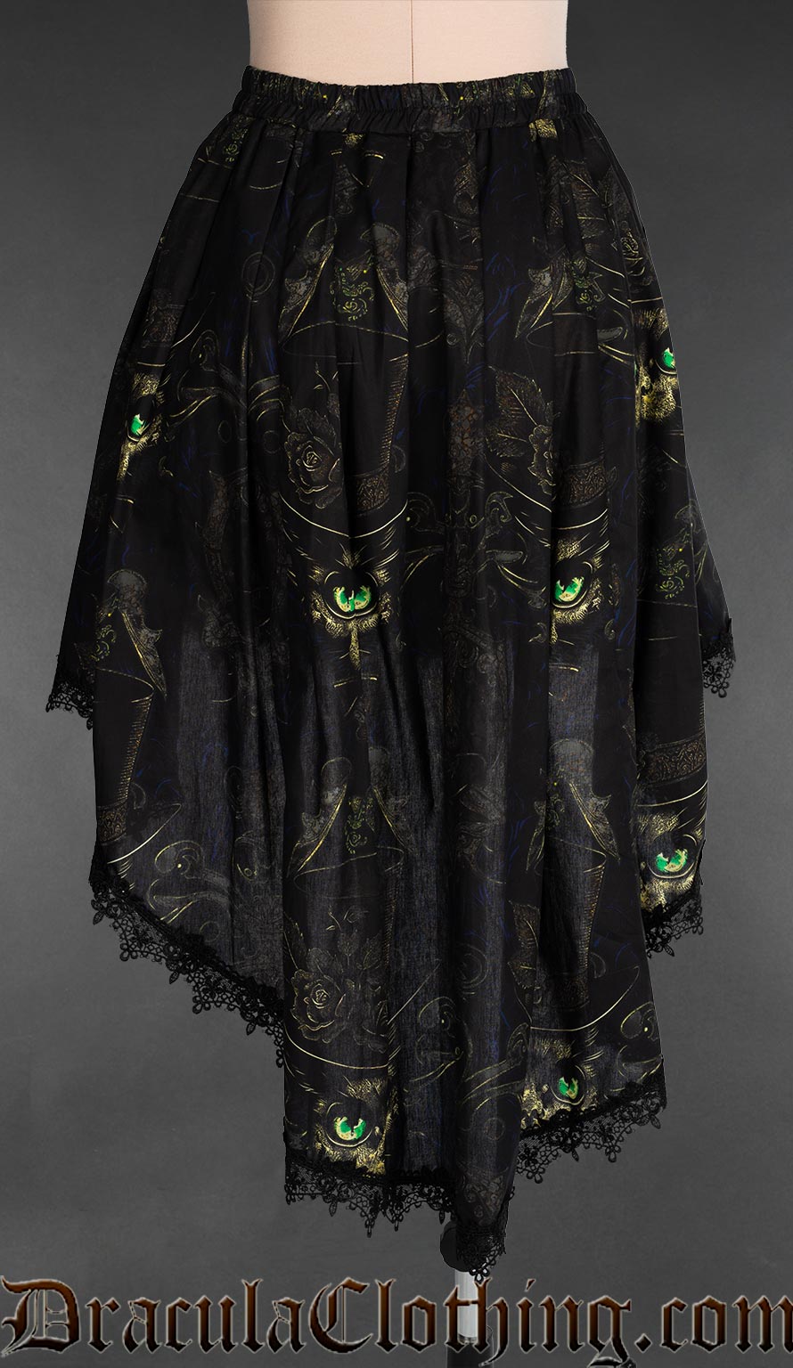 Back view of an elasticated waist women's high low skirt with sphinx cat wearing a top hat design and black lace trim