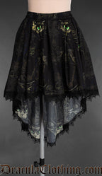 High low women's skirt with elasticated waist and black lace trim made with printed cotton featuring a sphinx cat wearing a top hat