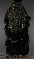 Back view of cat print women's bustle skirt showing three layers in the back with a black hem on each and adjustable lacing in the waist