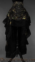 Women's layered bustle skirt with gold grey and black cat print design shown with front layer of skirt pulled up