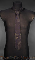 Black gothic necktie featuring an elegant cat illustration and subtle blue accents displayed on a mannequin against a gray background