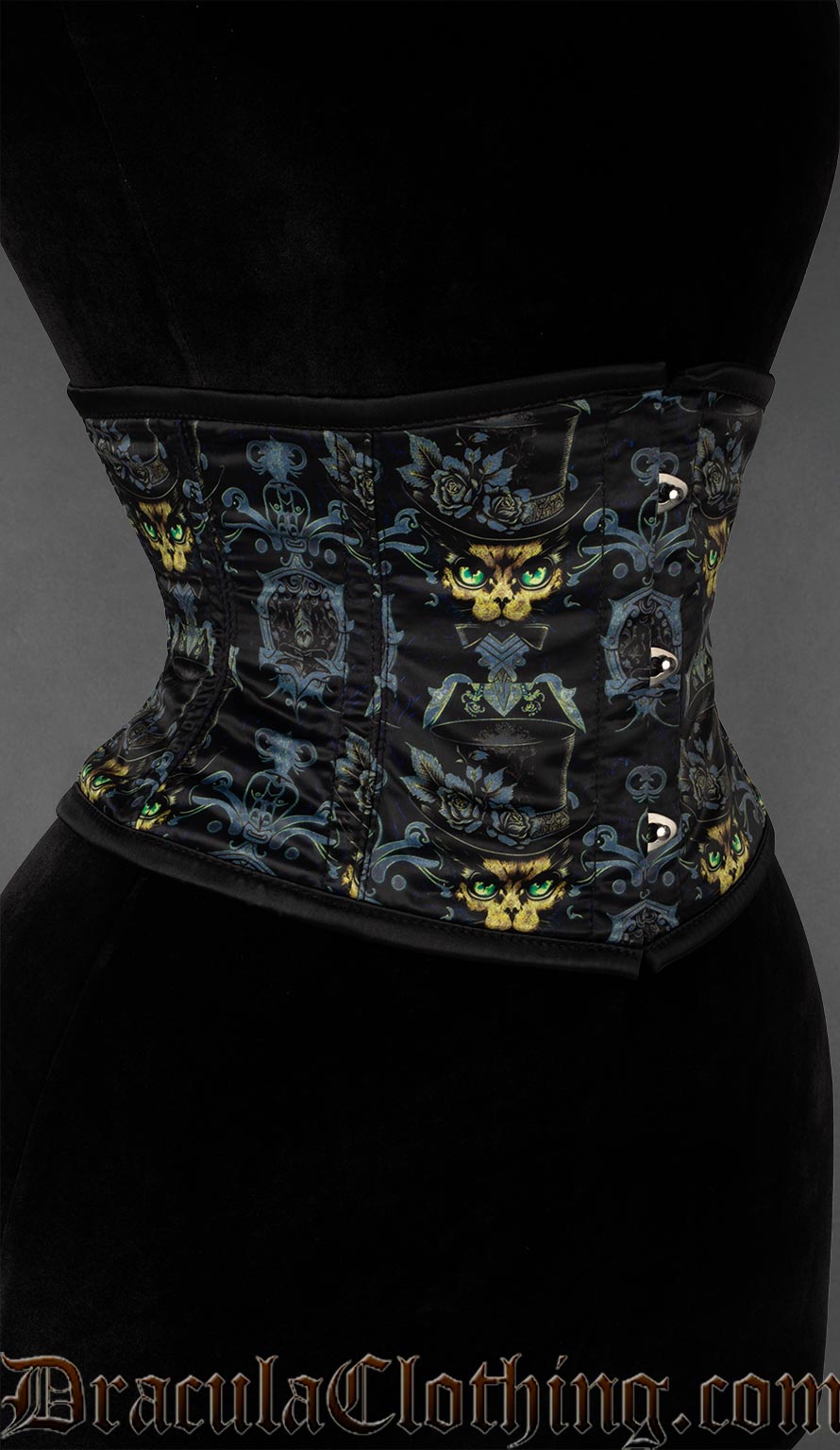 Gothic waist cincher featuring mystical black cat familiar artwork with ornate silver detailing side view