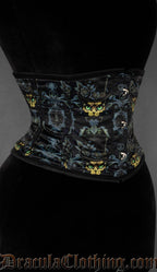 Gothic waist cincher featuring mystical black cat familiar artwork with ornate silver detailing side view