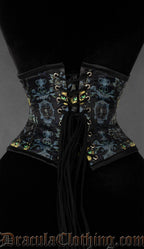 Gothic waist cincher featuring mystical black cat familiar artwork with ornate silver detailing back view