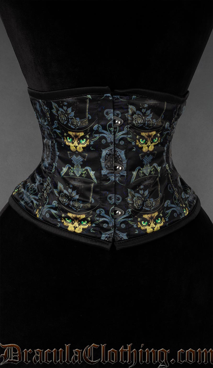 Gothic waist cincher featuring mystical black cat familiar artwork with ornate silver detailing