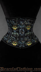 Gothic waist cincher featuring mystical black cat familiar artwork with ornate silver detailing