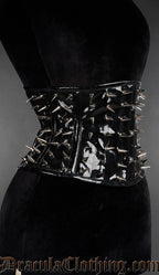 Side view of Black PVC spiked waist cincher with silver metal studs in gothic punk style, with steel boning