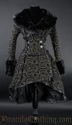 Women's black and gold brocade jacquard high low coat with black faux fur accents and satin frilled trim