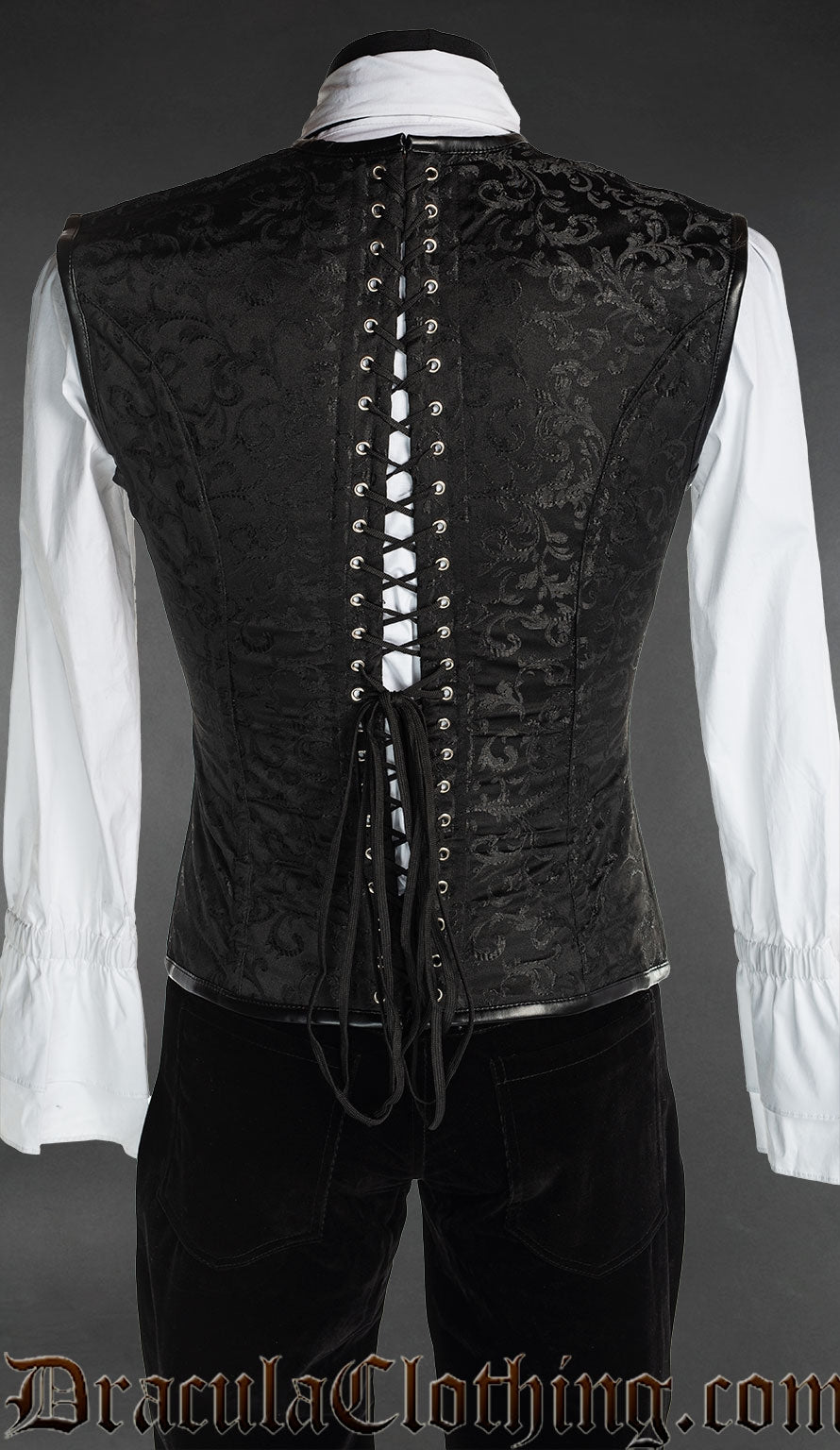 Back of men's black and red brocade corset vest showing fully black back and adjustable lacing