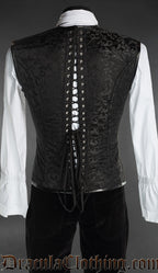 Back of men's black and red brocade corset vest showing fully black back and adjustable lacing