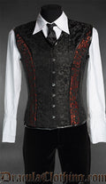 Men's black brocade corset vest with red brocade panel strip on each side 