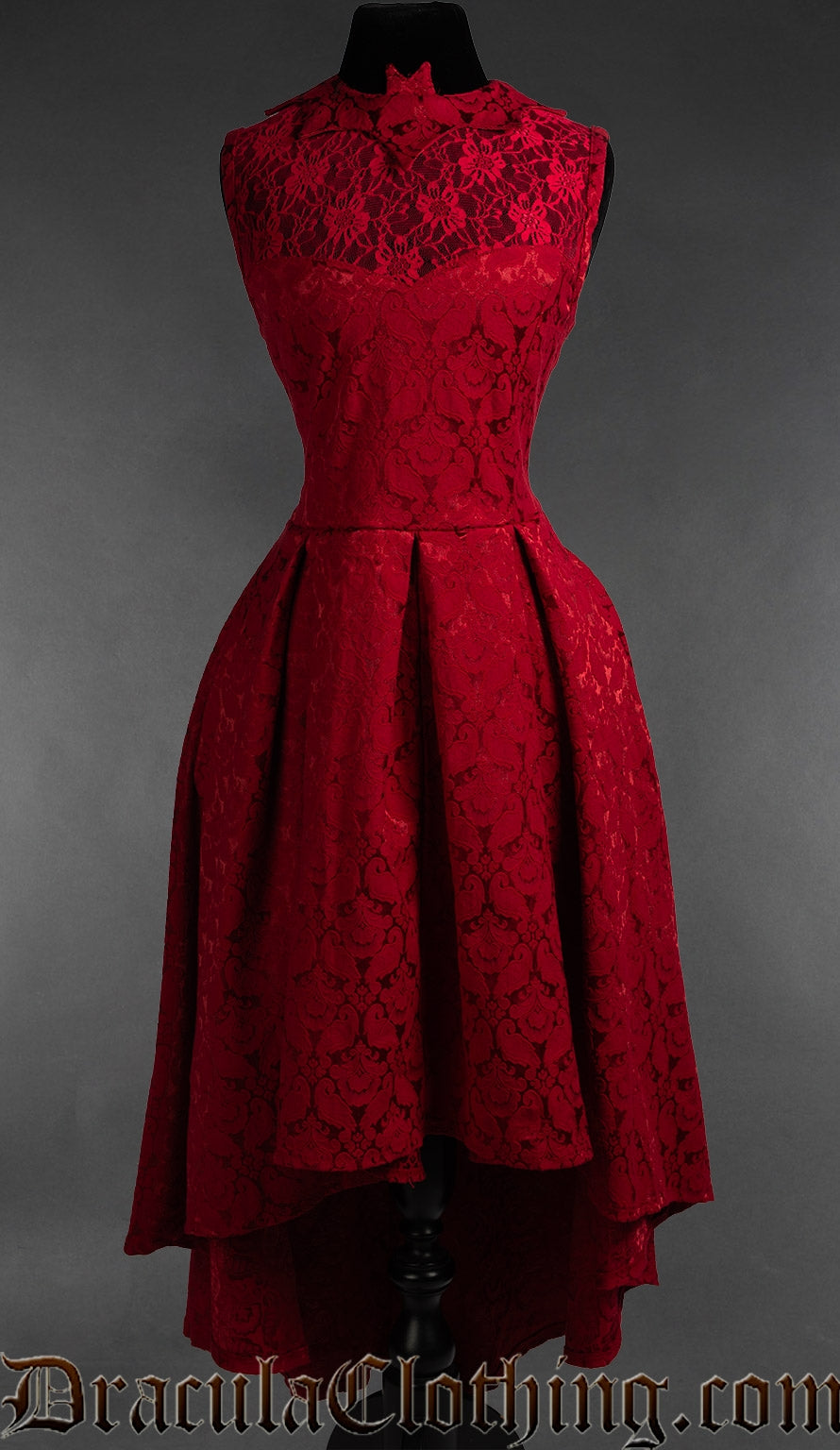 Women's red brocade high low dress with sheer lace chest panel topped with a bat shaped collar