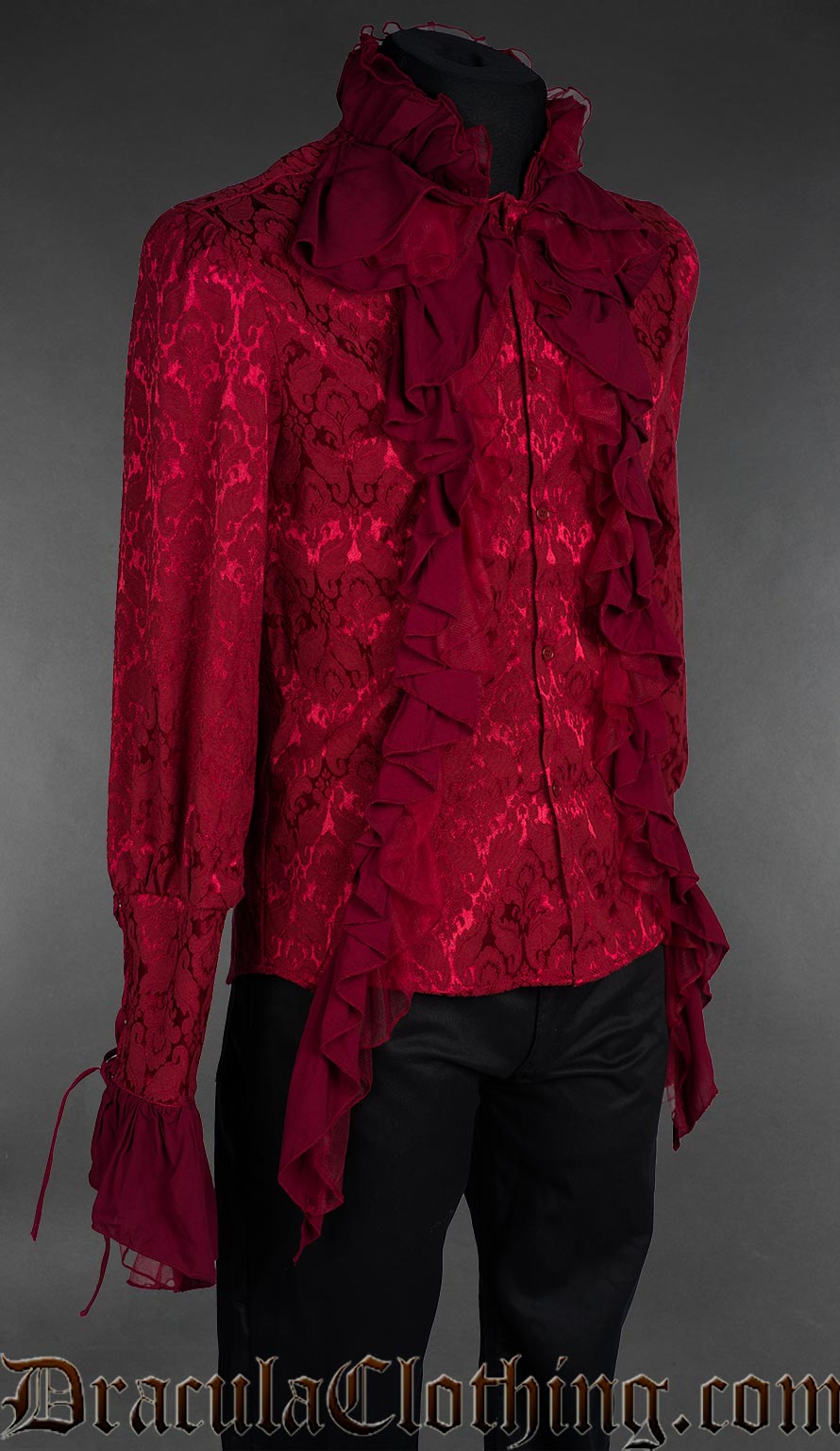 Red brocade gothic aristocrat shirt with cascading ruffles, high collar and flared cuffs, angled view