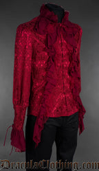 Red brocade gothic aristocrat shirt with cascading ruffles, high collar and flared cuffs, angled view