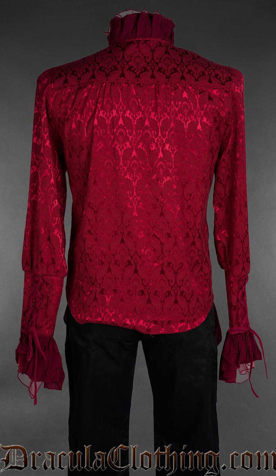 Red brocade gothic aristocrat shirt with high ruffled collar, long sleeves and flared cuffs, back view